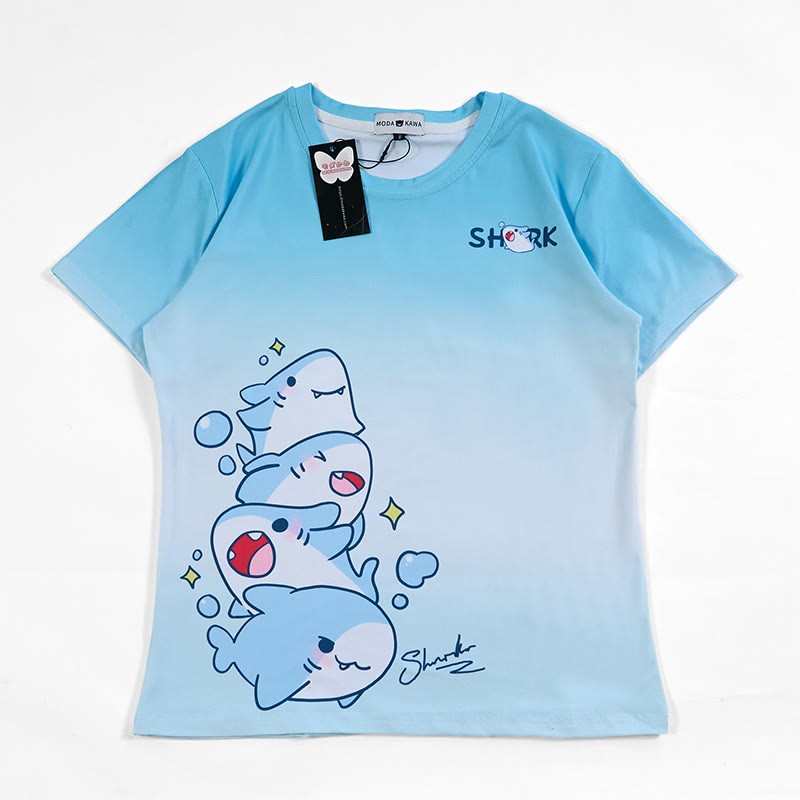 グラデーションスタックシャークグラフィックTシャツ - Blue - 5XL - image 1