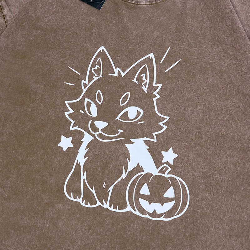遊び心のあるキツネのパンプキングラフィック ユニセックス ヴィンテージ ウォッシュTシャツ - image 2