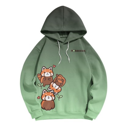 Modakawaグラデーション レッサーパンダ レタープリント ルーズパーカー - Green C - 8XL - image 3