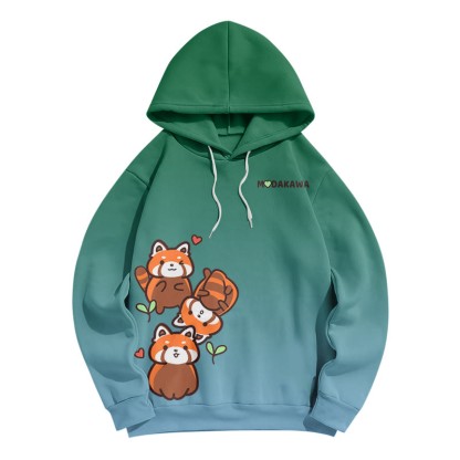 Modakawaグラデーション レッサーパンダ レタープリント ルーズパーカー - Green B - 8XL - image 2