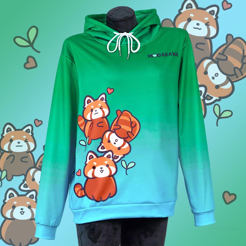 Modakawaグラデーション レッサーパンダ レタープリント ルーズパーカー - Green A - 8XL - image 1
