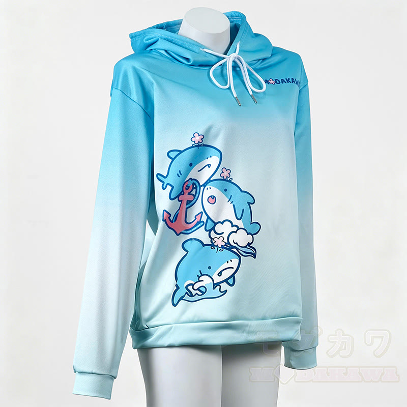 Modakawaグラデーションシャークレタープリント ルーズフーディー - Blue - 6XL - image 1