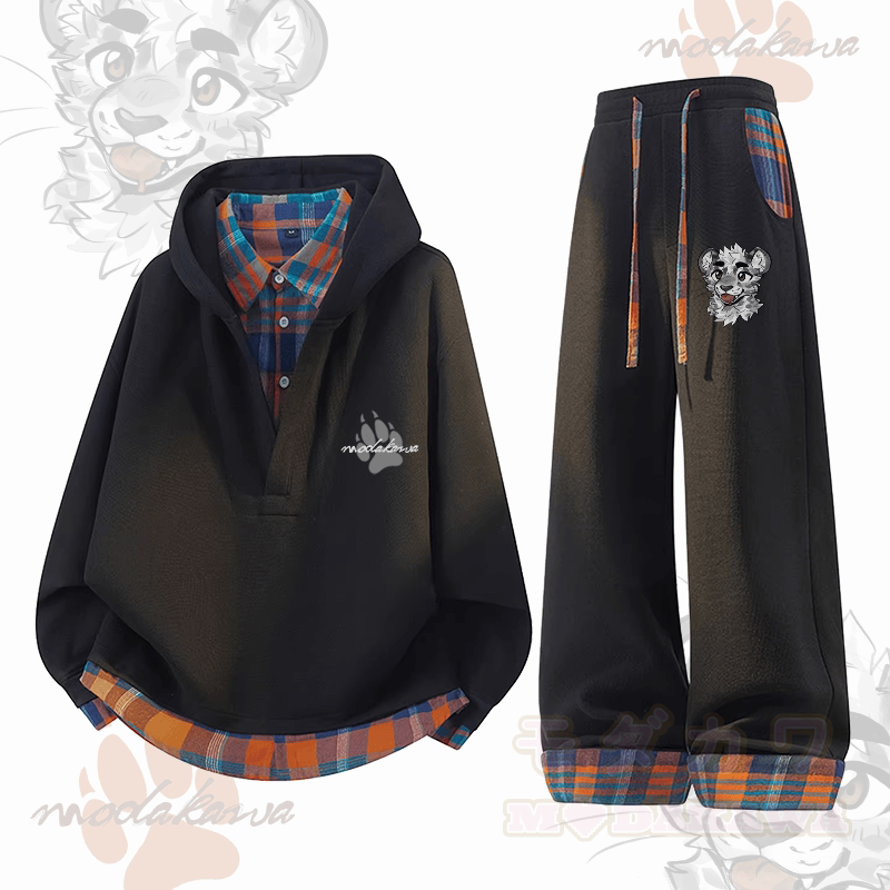 MODAKAWA X atka チーキータイガーフェイスグラフィックチェック柄パーカーパンツ 2ピースセット - 黒 - 3XL - image 4