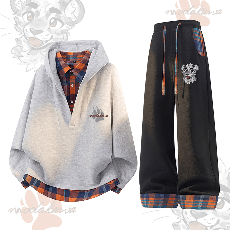 MODAKAWA × atka チーキータイガーフェイス グラフィックチェック柄 パーカー＆パンツ ツーピースセット - Grey & Black - 3XL - image 2