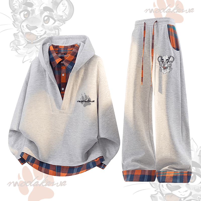 MODAKAWA × atka チーキータイガーフェイス グラフィックチェック柄 パーカー＆パンツ ツーピースセット - Grey - 3XL - image 1
