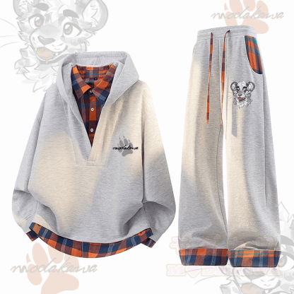 MODAKAWA X atka チーキータイガーフェイスグラフィックチェック柄パーカーパンツ 2ピースセット - グレー - 3XL - image 1