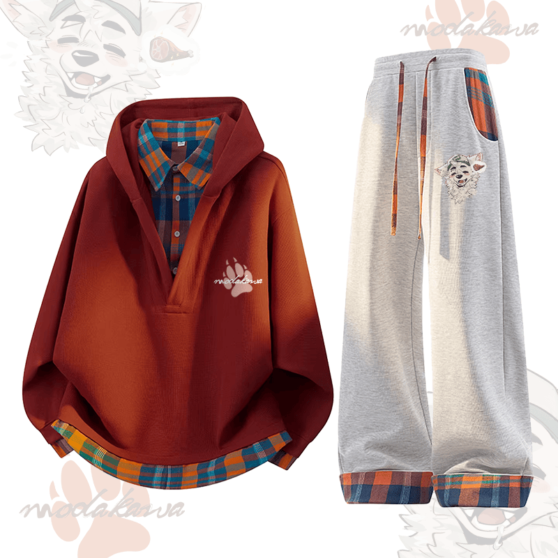 MODAKAWA × atka Fox Wants Meat グラフィックチェック柄パーカー＆パンツ ツーピースセット - Red & Grey - 3XL - image 1