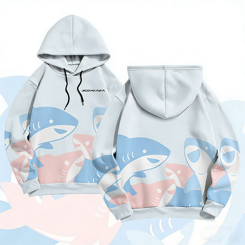 MODAKAWA 面白いサメのグラフィック全面プリントプルオーバーパーカー - Light Blue - 6XL - image 2