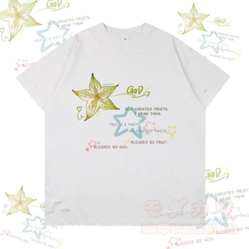 スターフルーツグラフィックModakawaリップドTシャツ - 白 - 2XL - image 3