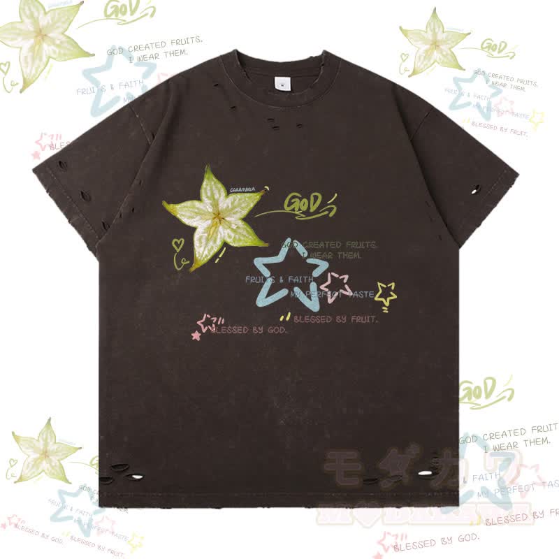 スターフルーツグラフィックModakawaリップドTシャツ - ダークブラウン - 2XL - image 2