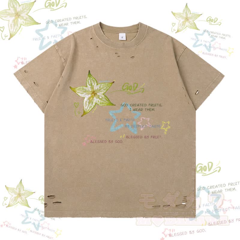 スターフルーツグラフィックModakawaリップドTシャツ - 茶色 - 2XL - image 1