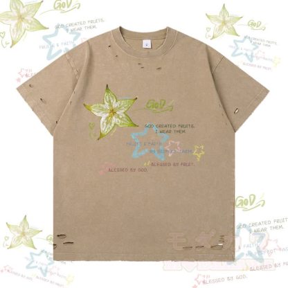 スターフルーツグラフィックModakawaリップドTシャツ - 茶色 - 2XL - image 1
