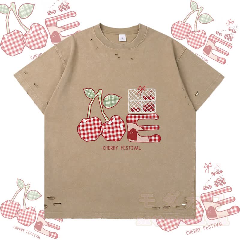 チェック柄チェリーグラフィックModakawaリップドTシャツ - 茶色 - 2XL - image 2