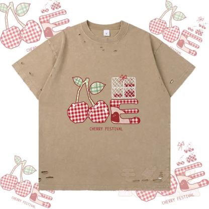 チェック柄チェリーグラフィックModakawaリップドTシャツ - 茶色 - 2XL - image 2