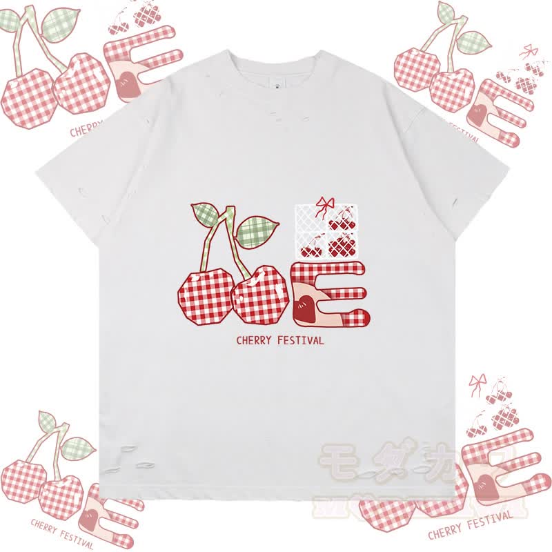 チェック柄チェリーグラフィックModakawaリップドTシャツ - 白 - 2XL - image 1