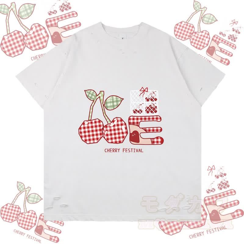 チェック柄チェリーグラフィックModakawaリップドTシャツ - 白 - 2XL - image 1