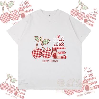 チェック柄チェリーグラフィックModakawaリップドTシャツ - 白 - 2XL - image 1