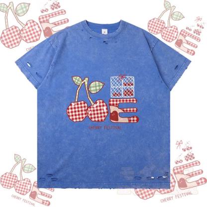 チェック柄チェリーグラフィックModakawaリップドTシャツ - 青 - 2XL - image 3