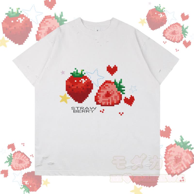 ピクセルストロベリーグラフィックModakawaリップドTシャツ - 白 - 2XL - image 4
