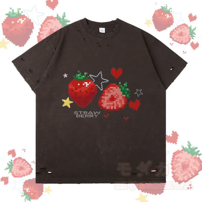 ピクセルストロベリーグラフィックModakawaリップドTシャツ - ダークブラウン - 2XL - image 2