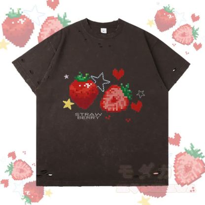 ピクセルストロベリーグラフィックModakawaリップドTシャツ - ダークブラウン - 2XL - image 2