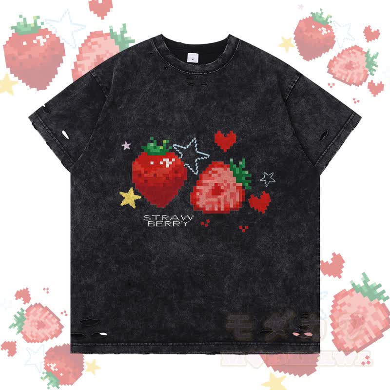 ピクセルストロベリーグラフィックModakawaリップドTシャツ - 黒 - 2XL - image 1