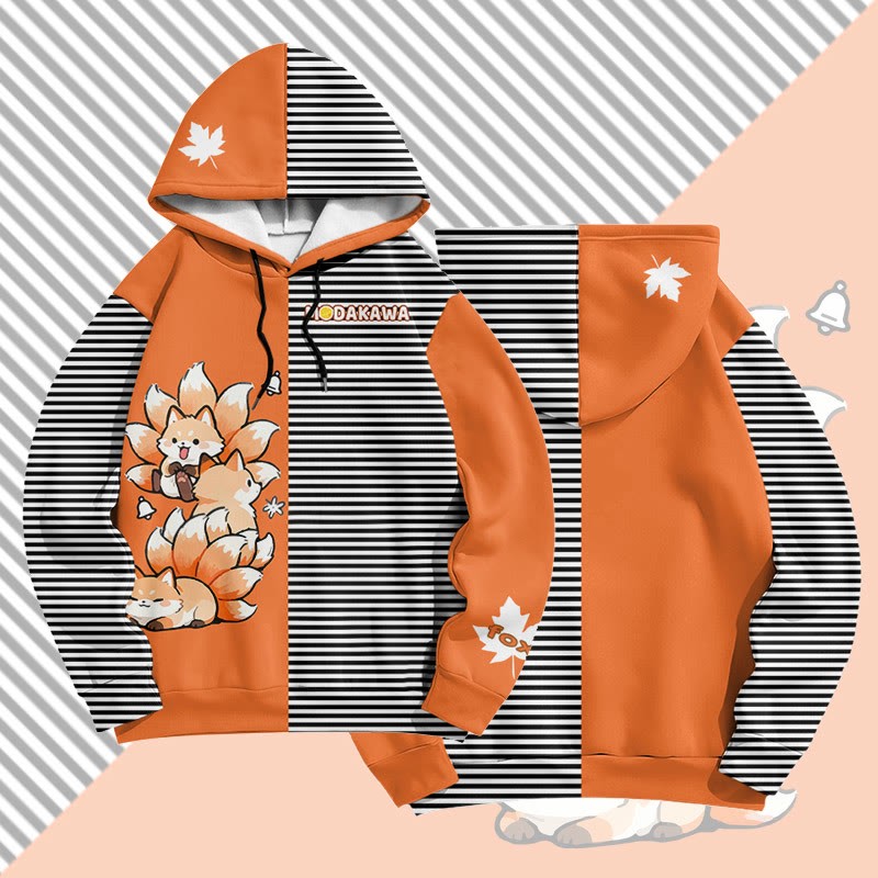 MODAKAWA 九尾狐ストライプグラフィック総柄プルオーバーパーカー - Orange&Black - 6XL - image 2