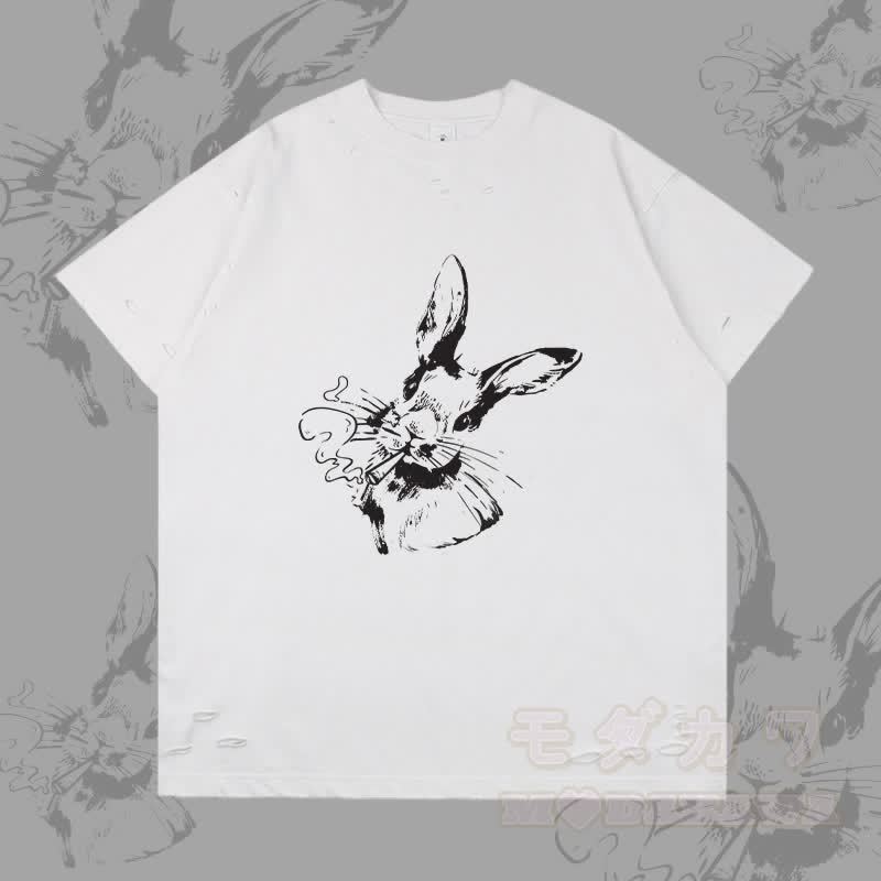 スモーキングバニーグラフィックModakawaリップドTシャツ - 白 - 2XL - image 4