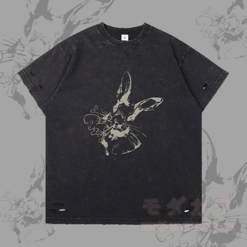 スモーキングバニーグラフィックModakawaリップドTシャツ - グレー - 2XL - image 2