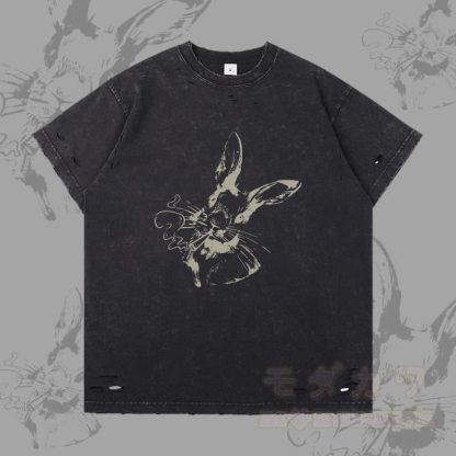 スモーキングバニーグラフィックModakawaリップドTシャツ - グレー - 2XL - image 2