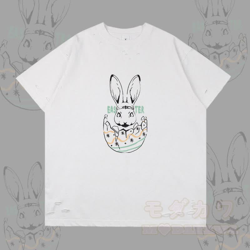 イースターエッグバニーグラフィックModakawaリップドTシャツ - 白 - 2XL - image 1