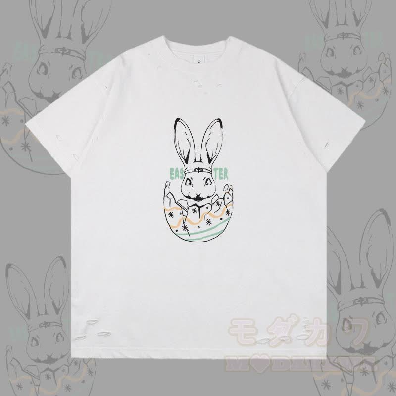 イースターエッグバニーグラフィックModakawaリップドTシャツ - 白 - 2XL - image 1