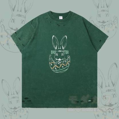 イースターエッグバニーグラフィックModakawaリップドTシャツ - ダークグリーン - 2XL - image 3