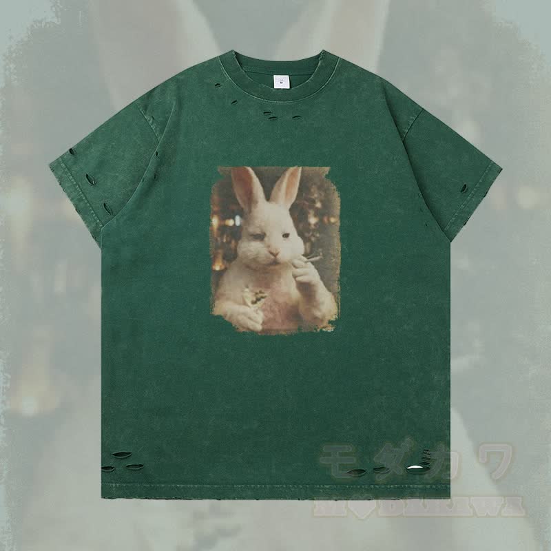 ヴィンテージ スモーキングバニー グラフィックModakawaリップド Tシャツ - ダークグリーン - 2XL - image 1