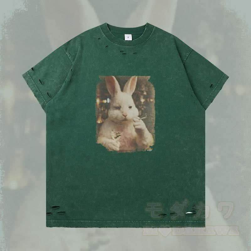 ヴィンテージ スモーキングバニー グラフィックModakawaリップド Tシャツ - ダークグリーン - 2XL - image 1