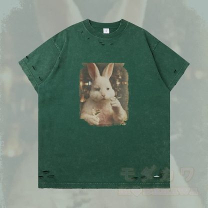 ヴィンテージ スモーキングバニー グラフィックModakawaリップド Tシャツ - ダークグリーン - 2XL - image 1