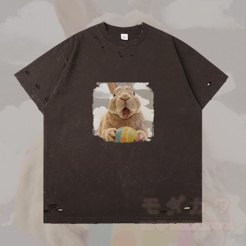 イースターエッグバニーグラフィックModakawaリップドTシャツ - ダークブラウン - 2XL - image 2