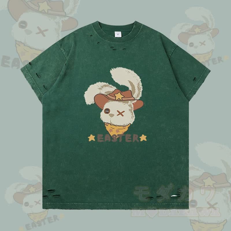 イースター カウボーイバニー グラフィックModakawaリップド Tシャツ - ダークグリーン - 2XL - image 2