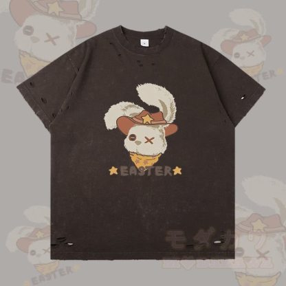 イースター カウボーイバニー グラフィックModakawaリップド Tシャツ - ダークブラウン - 2XL - image 1