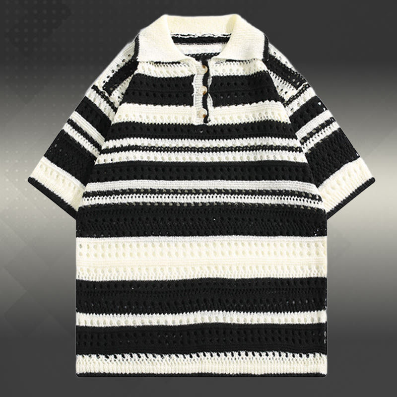 ストライプオープンニットポロシャツ 速乾ドローストリングカーゴショーツModakawaマッチングアウトフィット - Black Shirt (Single) - 2XL - image 5