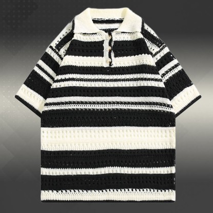 ストライプオープンニットポロシャツ 速乾ドローストリングカーゴショーツModakawaマッチングアウトフィット - Black Shirt (Single) - 2XL - image 5