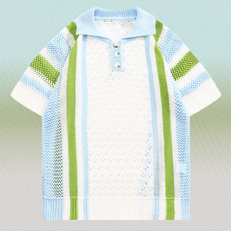 ストライプオープンニットポロシャツ、テクスチャードドローストリングショーツ、Modakawaマッチングアウトフィット - Blue Shirt (Single) - 3XL - image 6