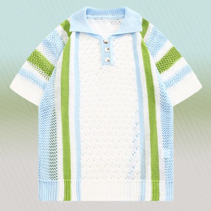 ストライプオープンニットポロシャツ、テクスチャードドローストリングショーツ、Modakawaマッチングアウトフィット - Blue Shirt (Single) - 3XL - image 6