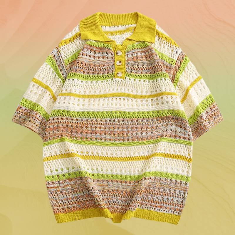 ストライプオープンニットポロシャツ 速乾ドローストリングショーツModakawaマッチングアウトフィット - Yellow Shirt (Single) - 2XL - image 8