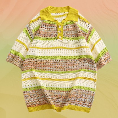 ストライプオープンニットポロシャツ 速乾ドローストリングショーツModakawaマッチングアウトフィット - Yellow Shirt (Single) - 2XL - image 8