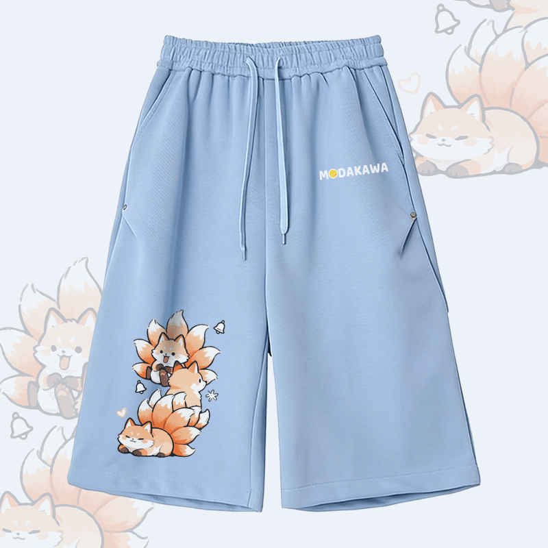 九尾狐グラフィック入りModakawaワイドレッグ クロップドパンツ - Blue - 2XL - image 2