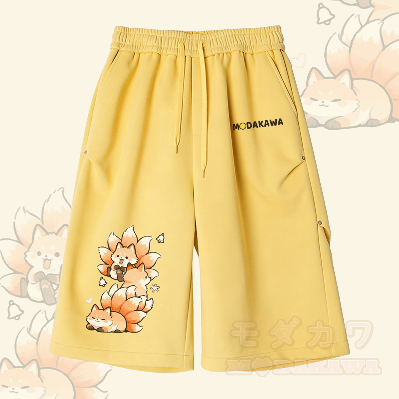 九尾狐グラフィックModakawaワイドレッグクロップドパンツ - 黄色 - 2XL - image 3