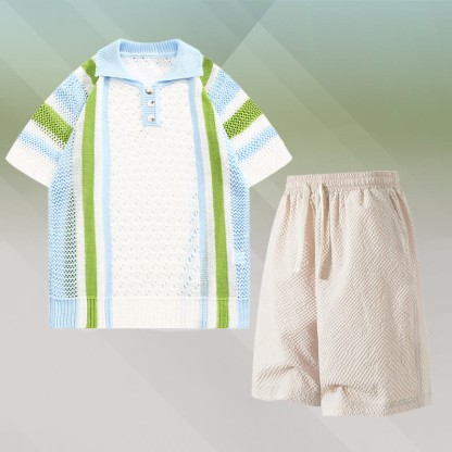 ストライプオープンニットポロシャツ、テクスチャードドローストリングショーツ、Modakawaマッチングアウトフィット - Two Pieces Set B - 3XL - image 2