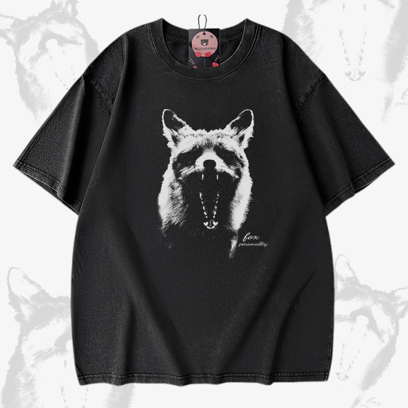 Roaring Fox グラフィックModakawaユニセックス ヴィンテージウォッシュド Tシャツ - Black - 5XL - image 1