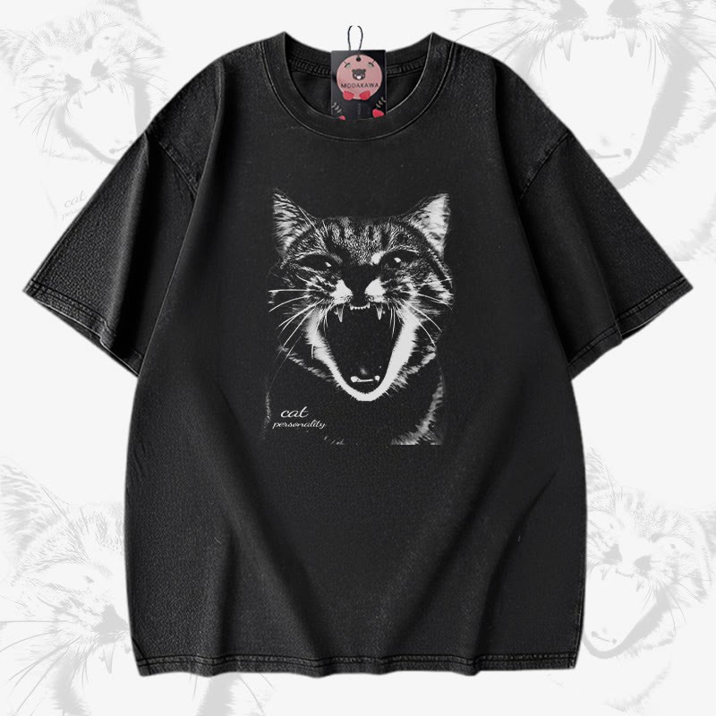 叫ぶ猫グラフィックModakawaユニセックス ヴィンテージウォッシュドTシャツ - Black - 5XL - image 1